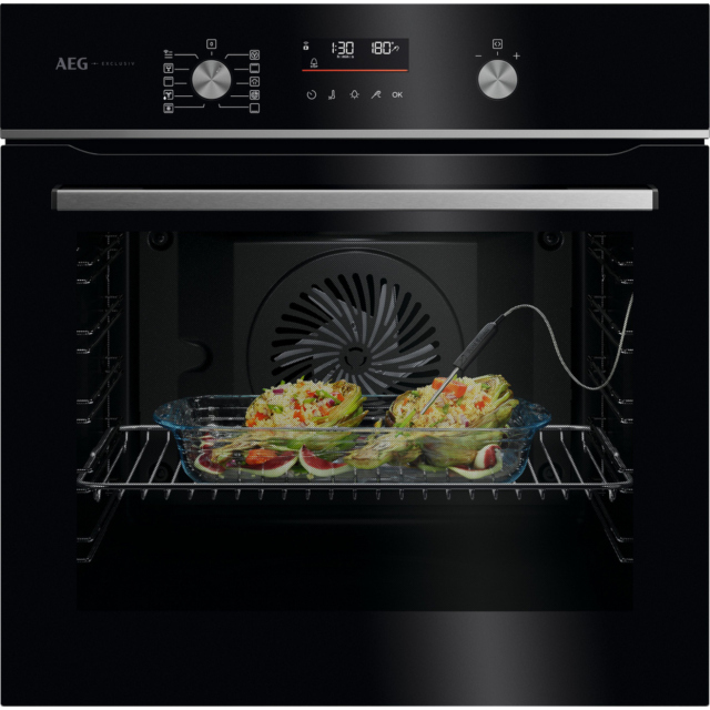 AEG GA5PB50FAB 59.5cm Built In Electric Single Oven - Gloss Black with Steel Trim