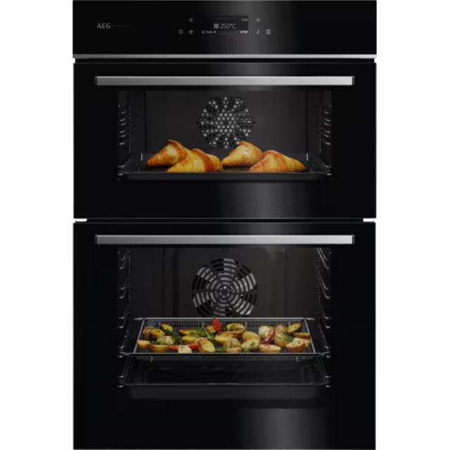 AEG GE7CP61FB 59.4cm Built In Electric Double Oven - Gloss Black with Steel Trim