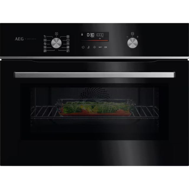 AEG GK6NK40FB 59.5cm Compact Combi Microwave Oven - Gloss Black with Steel Trim