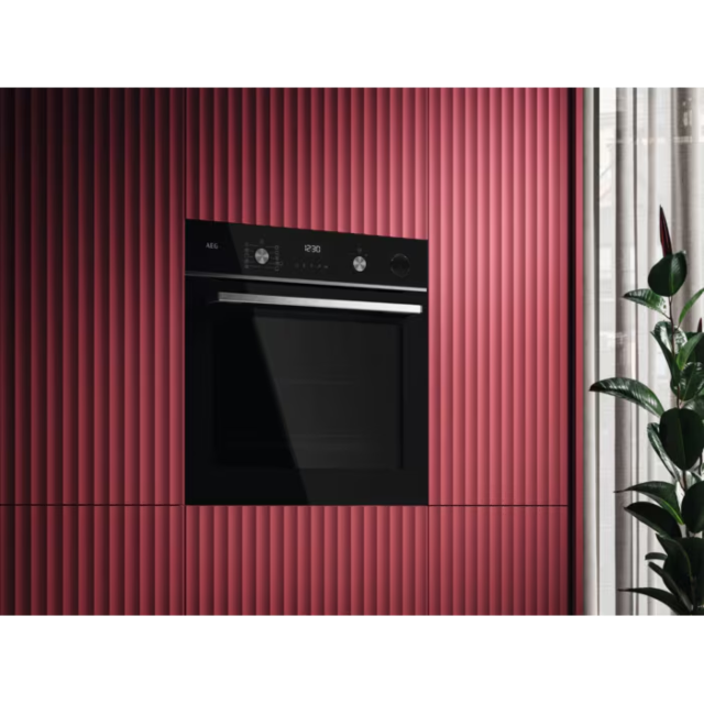 AEG GR6PB52FSB 59.6cm Built In Electric Single Oven - Gloss Black with Steel Trim