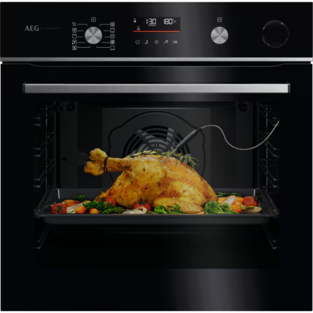 AEG GR6PB52FSB 59.6cm Built In Electric Single Oven - Gloss Black with Steel Trim
