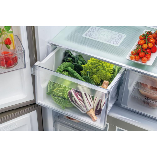 Haier HCR59F19ENMM 90.8Cm Freestanding American Fridge Freezer - Platinum Inox