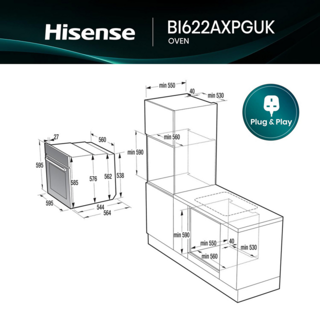 Hisense BI622AXPGUK 59.5Cm Built In Electric Single Oven - Black + Stainless Steel