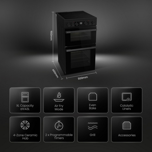 Hisense HDCEC5C10B 50cm Double Oven Electric Cooker with Ceramic Hob - Black