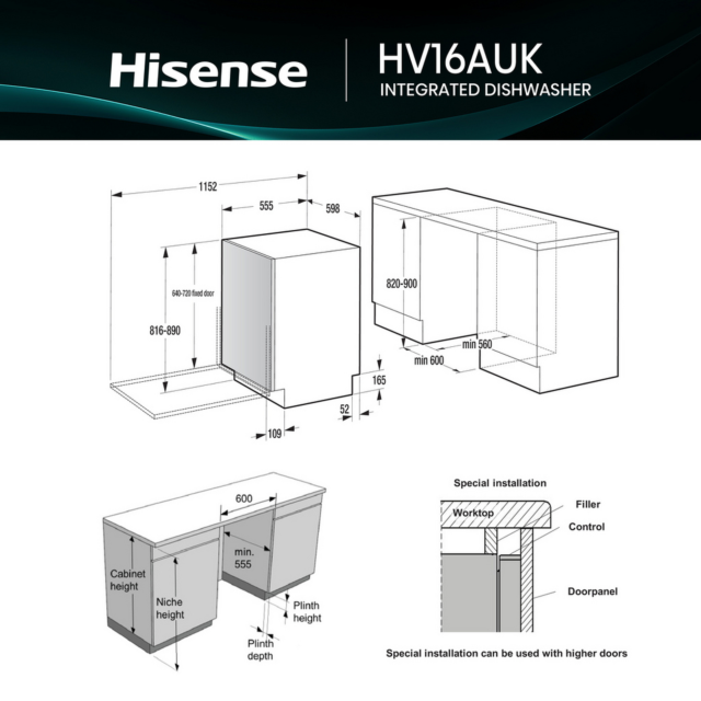 Hisense HV16AUK Full-Size Fully Integrated Dishwasher - 16 Place Settings