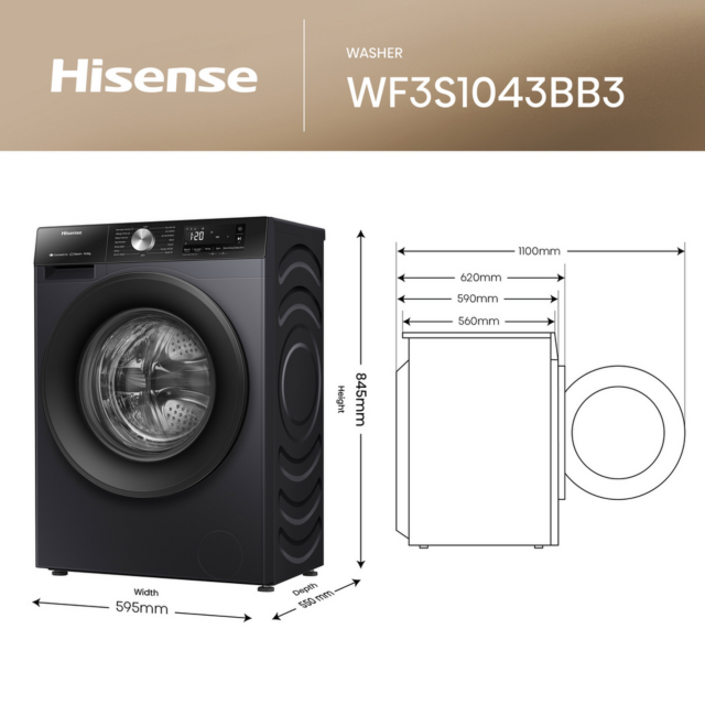 Hisense WF3S1043BB3 10.5Kg 1400 Spin Steam Washing Machine - Black