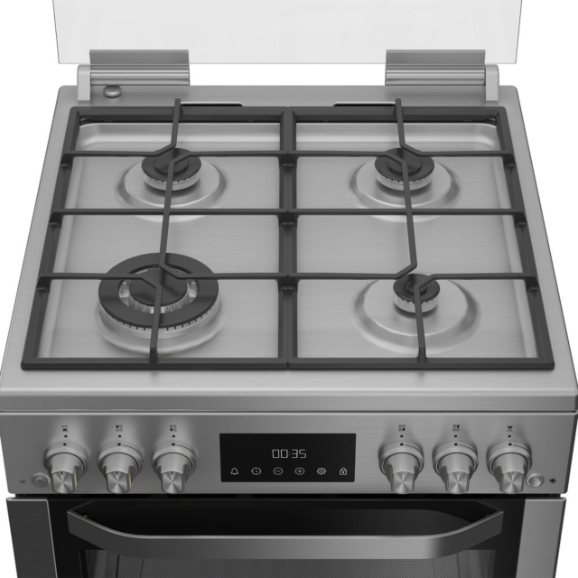 Hotpoint HDG6GDCWX 60cm Gas Double Oven Cooker with Glass Lid - Stainless Steel Finish