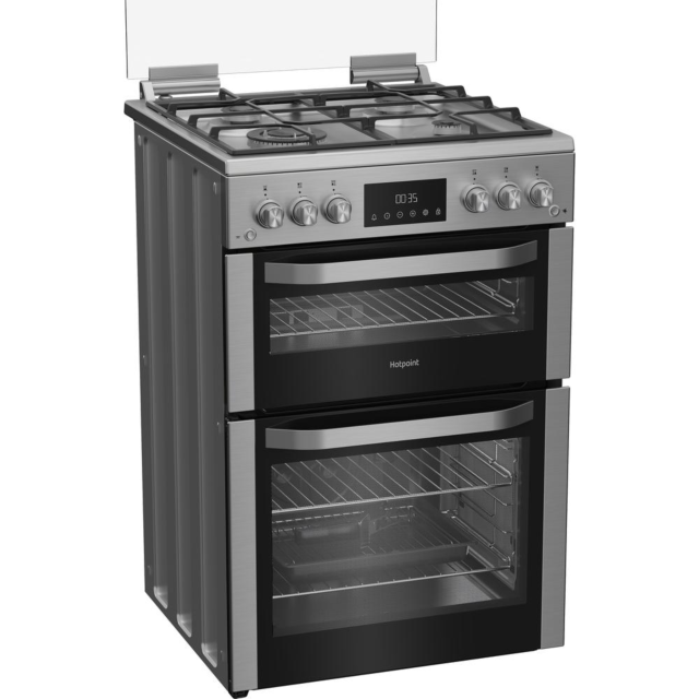 Hotpoint HDG6GDCWX 60cm Gas Double Oven Cooker with Glass Lid - Stainless Steel Finish