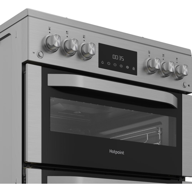 Hotpoint HDG6GDCWX 60cm Gas Double Oven Cooker with Glass Lid - Stainless Steel Finish