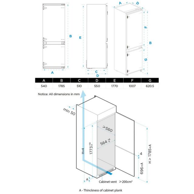 Midea MDRE379FGE01D 54cm 70/30 Built In Fridge Freezer - White