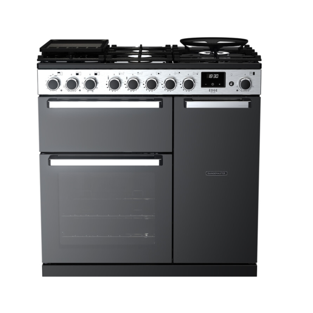 Rangemaster EDDL90DFGBLK/CM1 Edge Deluxe 90 Dual Fuel Black Glass With Chrome Trim
