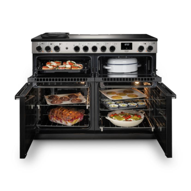Rangemaster EDDL90DFGBLK/CM1 Edge Deluxe 90 Dual Fuel Black Glass With Chrome Trim