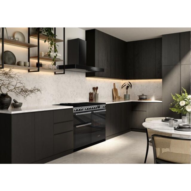 Rangemaster EDDL90DFGBLK/CM1 Edge Deluxe 90 Dual Fuel Black Glass With Chrome Trim