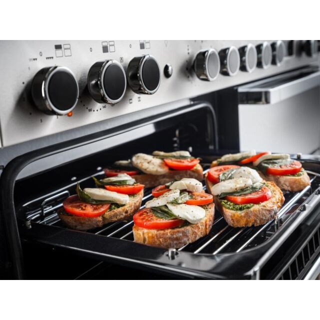 Rangemaster EDDL90DFGBLK/CM1 Edge Deluxe 90 Dual Fuel Black Glass With Chrome Trim