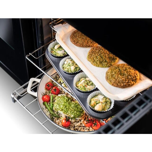 Rangemaster EDDL90DFGBLK/CM1 Edge Deluxe 90 Dual Fuel Black Glass With Chrome Trim