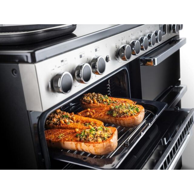 Rangemaster EDDL90DFGBLK/CM1 Edge Deluxe 90 Dual Fuel Black Glass With Chrome Trim