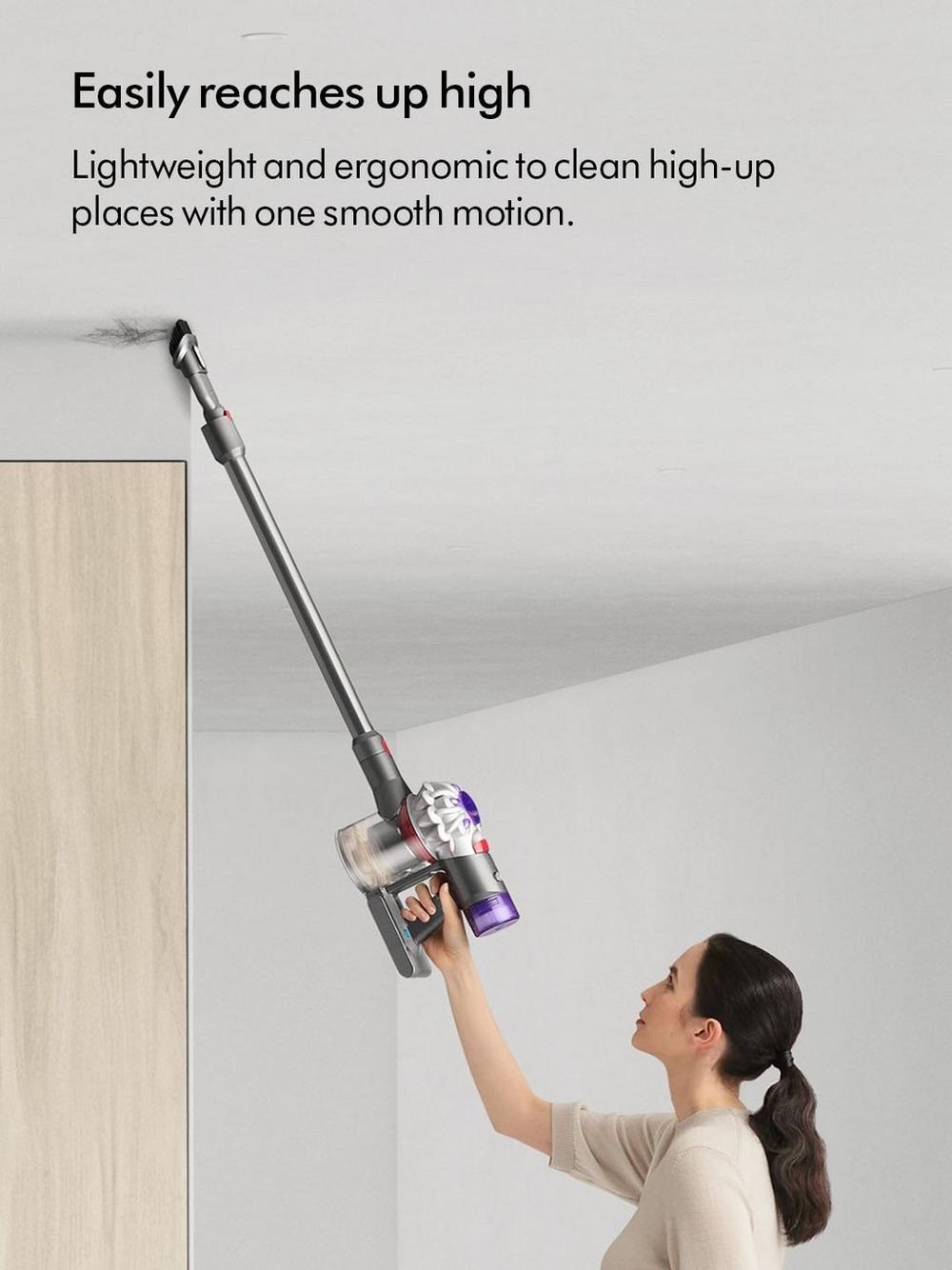 Easily reaches up high. Lightweight and ergonomic to clean high-up places with one smooth action.