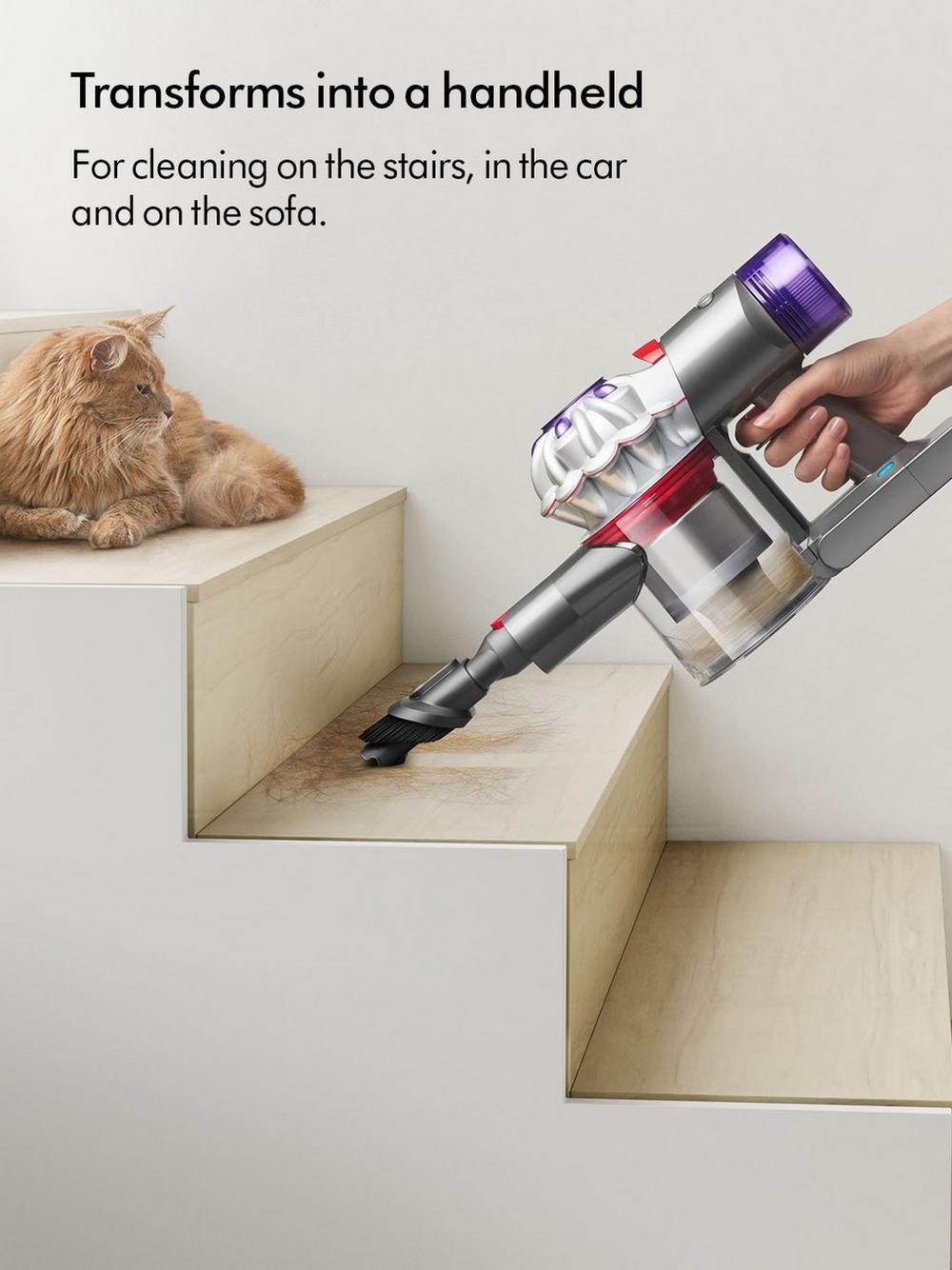 Transforms into a handheld for cleaning the stairs, or the sofa, or the interior of a car.